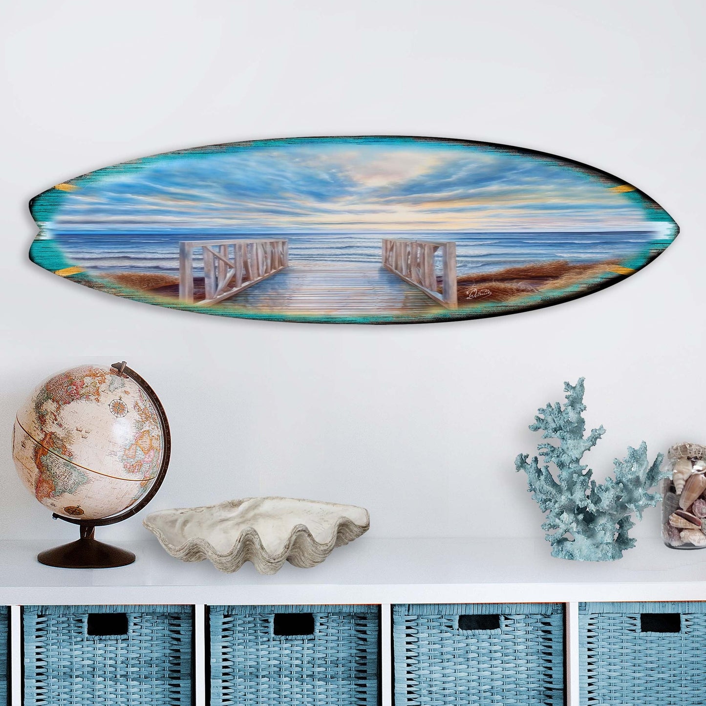 Wooden Pier Surfboard Coastal Wall Art by G. DeBrekht - Coastal Holiday Decor - 8490116HS-4