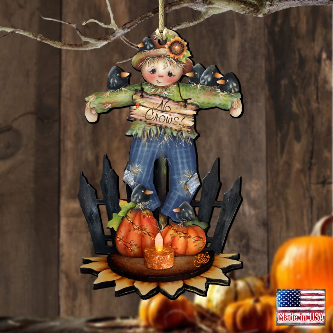 No Crows Scarecrow Wooden Ornaments Halloween by Jamie Mills-Price - Thanksgiving Halloween Decor - 8457404-1