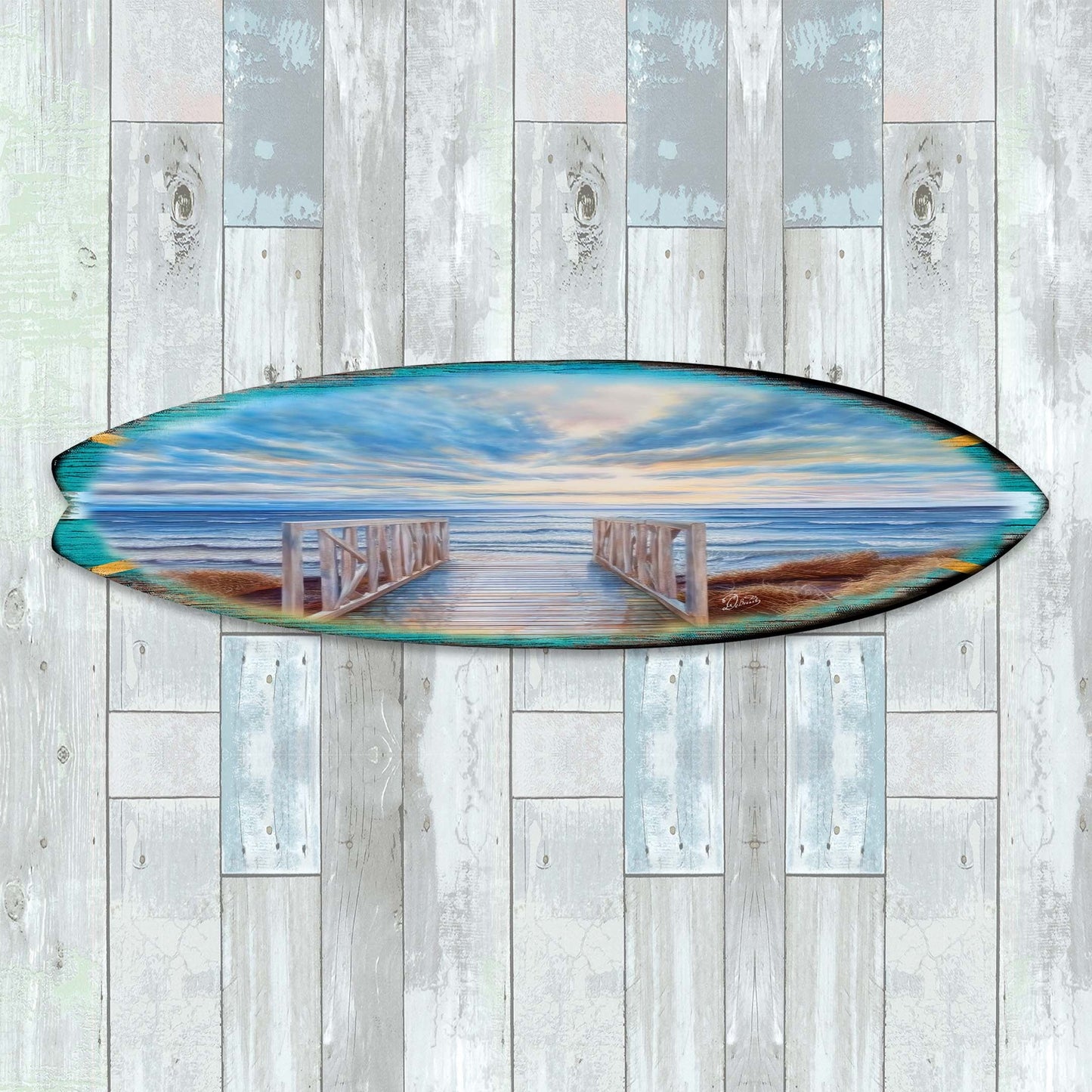 Wooden Pier Surfboard Coastal Wall Art by G. DeBrekht - Coastal Holiday Decor - 8490116HS-3